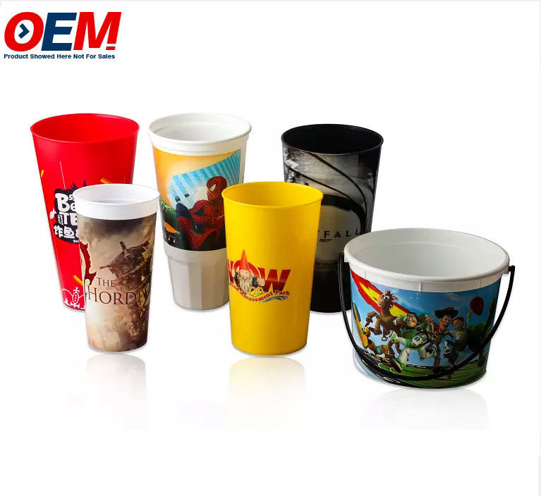 OEM İyi kaliteli konteyner özel basılı plastik karikatür patlamış mısır kova küpü promo için kapağı ile bardak