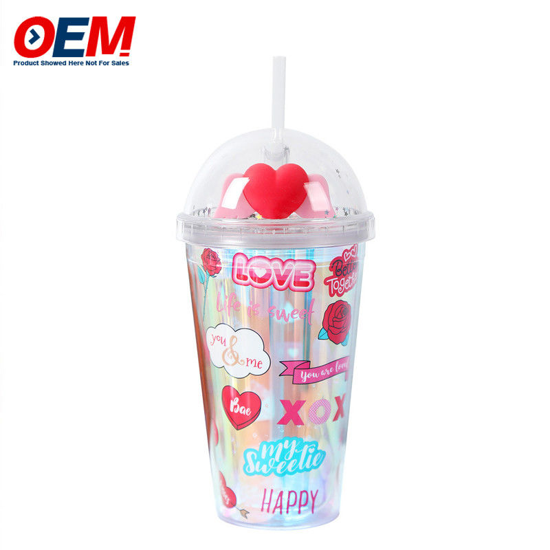 Custom PP Double Wall Cup With Straw OEM Sweet Heart 450ml Plastik Su Kupası