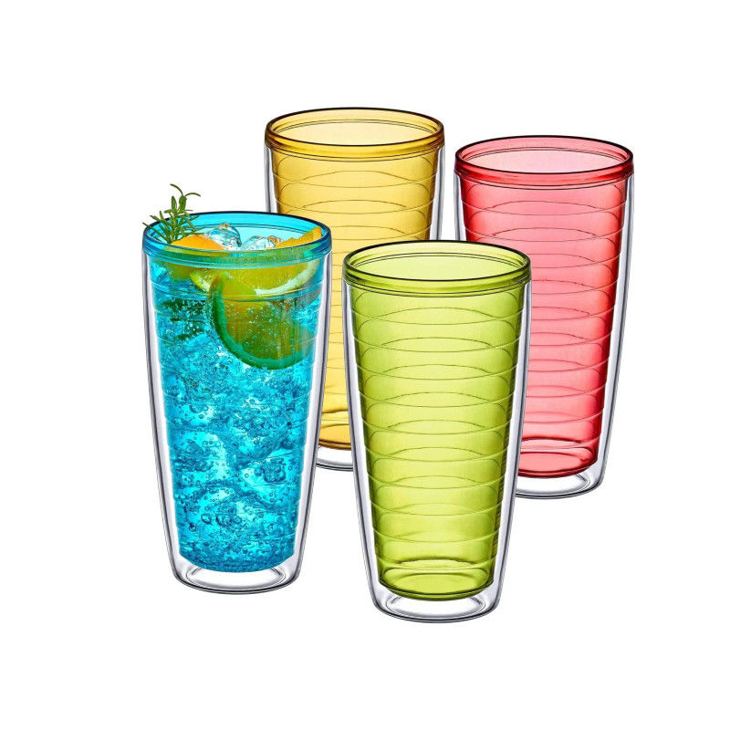 Kapaklı ve samanlı akrilik çanak çift duvarlı karışık renkli kendi tasarımınızla tekrar kullanılabilir plastik bardaklar