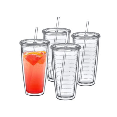Kapaklı ve samanlı akrilik çanak çift duvarlı karışık renkli kendi tasarımınızla tekrar kullanılabilir plastik bardaklar